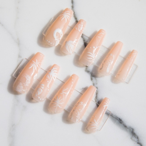 Nude Tropical Print Hand Painted Press On Nails - Picture 4 of 6